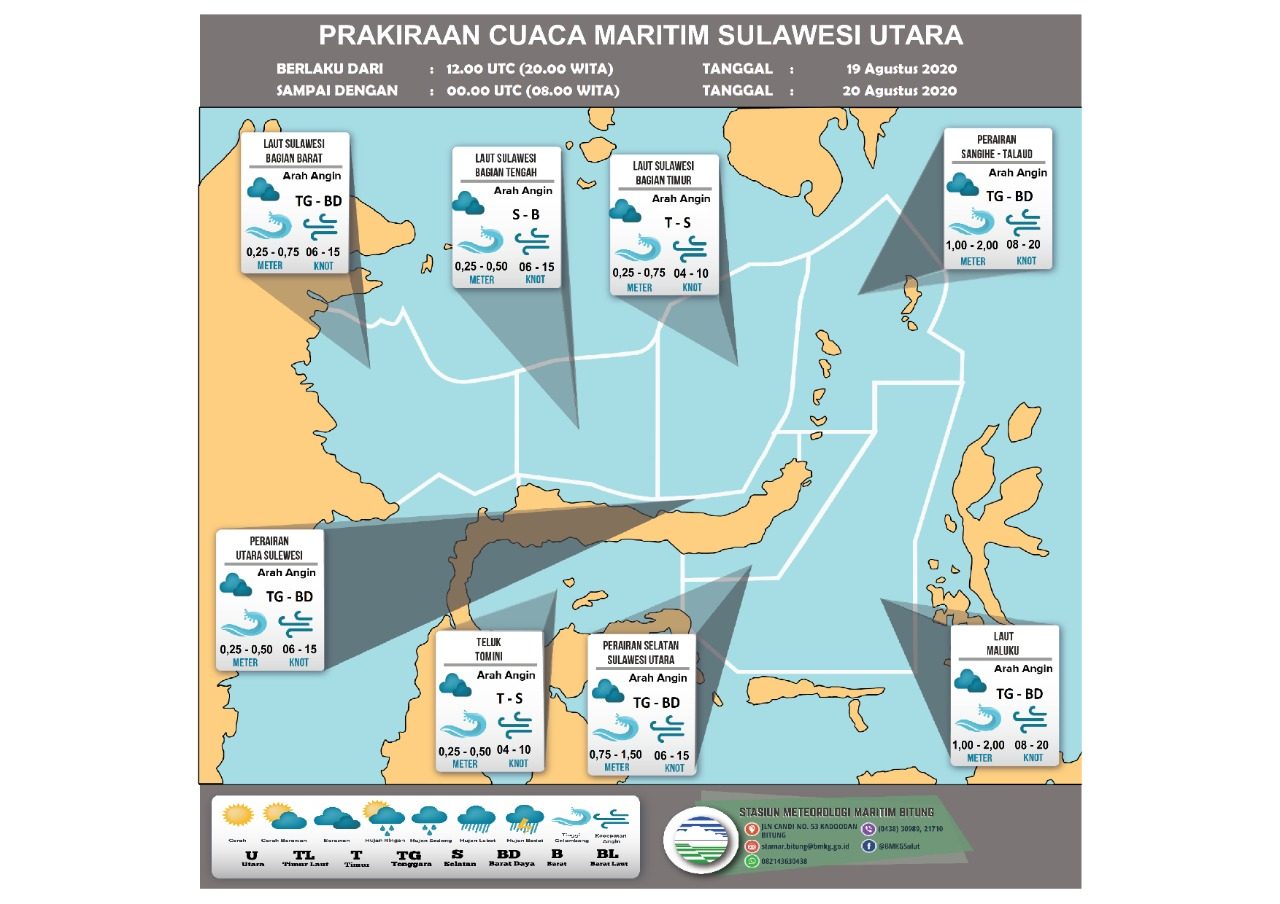 Prakiraan Cuaca Kelautan Wilayah Sulawesi Utara Berlaku mulai : Rabu, 19 Agustus 2020 20:00 WITA sampai Kamis, 20 Agustus 2020 08:00 WITA
