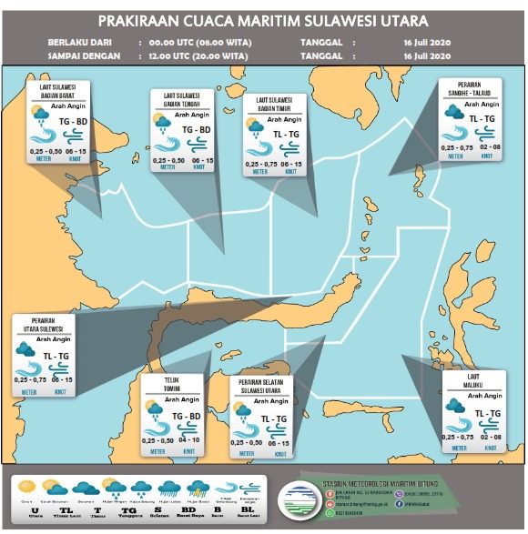Prakiraan Cuaca Kelautan Wilayah Sulawesi Utara Berlaku mulai : Kamis, 16 Juli 2020 08:00 WITA sampai Kamis, 16 Juli 2020 20:00 WITA
